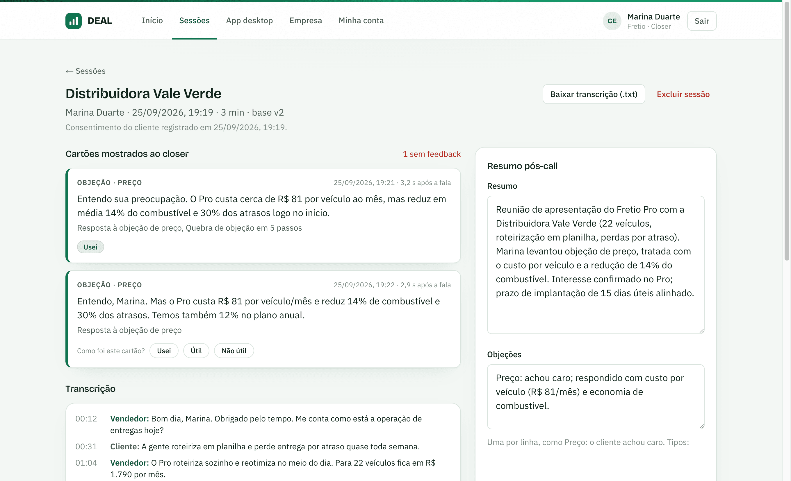 Painel do DEAL com a revisão de uma sessão: cartões mostrados ao closer com feedback, transcrição com tempo e resumo editável.